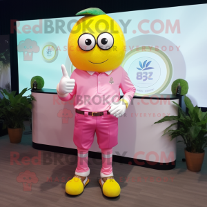 Pink Lemon mascot costume character dressed with Polo Shirt and Digital watches