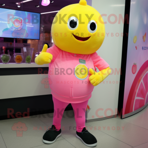 Pink Lemon mascot costume character dressed with Polo Shirt and Digital watches