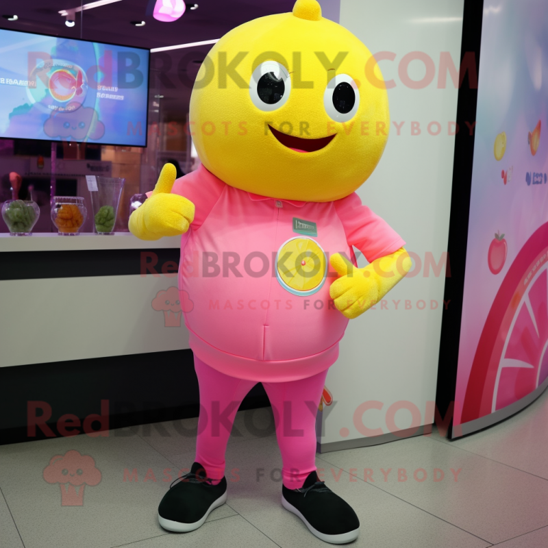 Pink Lemon mascot costume character dressed with Polo Shirt and Digital watches Pink Lemon mascot costume character dressed with Polo Shirt and Digital watches
