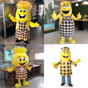 Lemon Yellow BBQ Ribs mascot costume character dressed with Flannel Shirt and Hair clips