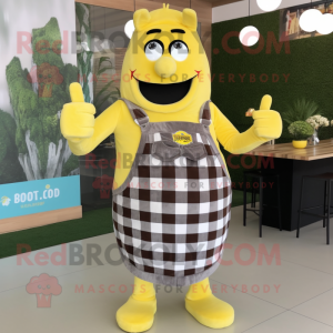 Lemon Yellow BBQ Ribs mascot costume character dressed with Flannel Shirt and Hair clips