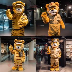 Gold Tiger mascot costume character dressed with Cargo Pants and Berets