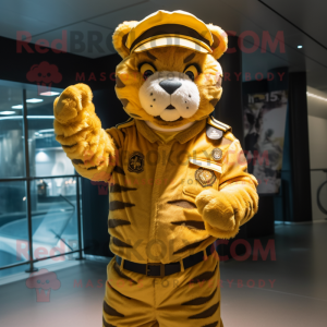 Gold Tiger mascot costume character dressed with Cargo Pants and Berets