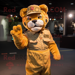 Gold Tiger mascot costume character dressed with Cargo Pants and Berets