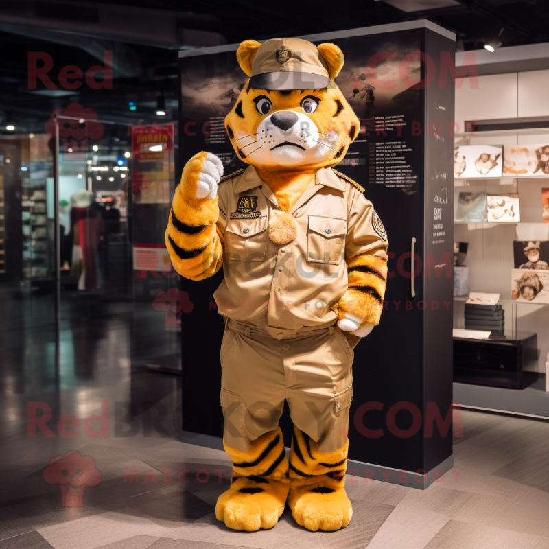 Gold Tiger mascot costume character dressed with Cargo Pants and Berets