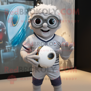 Gray Rugby ball mascot costume character dressed with T-Shirt and Eyeglasses