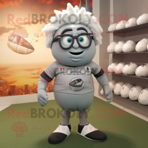 Gray Rugby ball mascot costume character dressed with T-Shirt and Eyeglasses