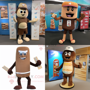 Tan Chocolate bar mascot costume character dressed with Board Shorts and Beanies