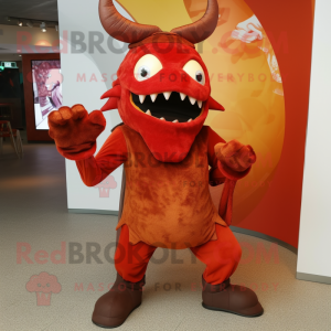 Rust Devil mascot costume character dressed with Wrap Dress and Caps