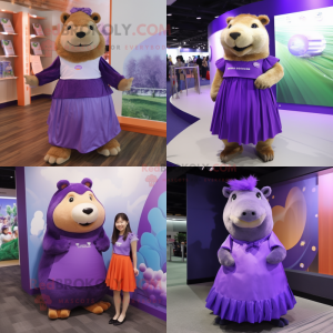 Purple Capybara mascot costume character dressed with A-Line Dress and Headbands