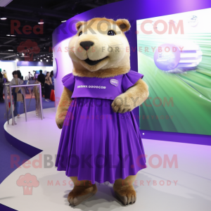 Purple Capybara mascot costume character dressed with A-Line Dress and Headbands