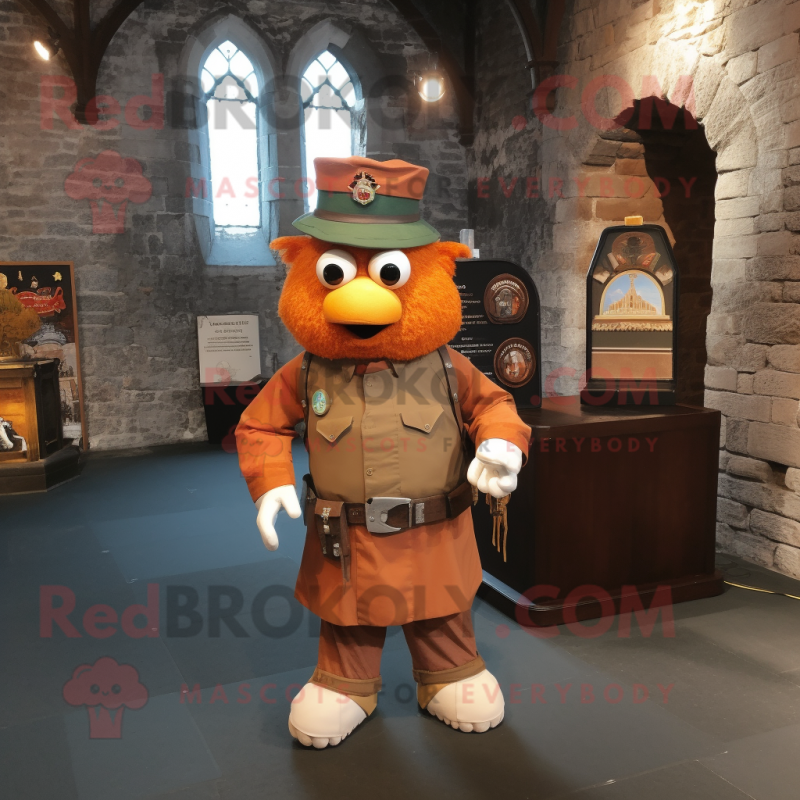 Rust irish castle mascot costume character dressed with Bomber Jacket and Hat pins Rust irish castle mascot costume character dressed with Bomber Jacket and Hat pins