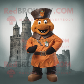 Rust irish castle mascot costume character dressed with Bomber Jacket and Hat pins