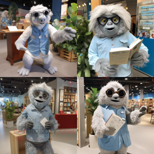 Silver giant sloth mascot costume character dressed with Chambray Shirt and Reading glasses