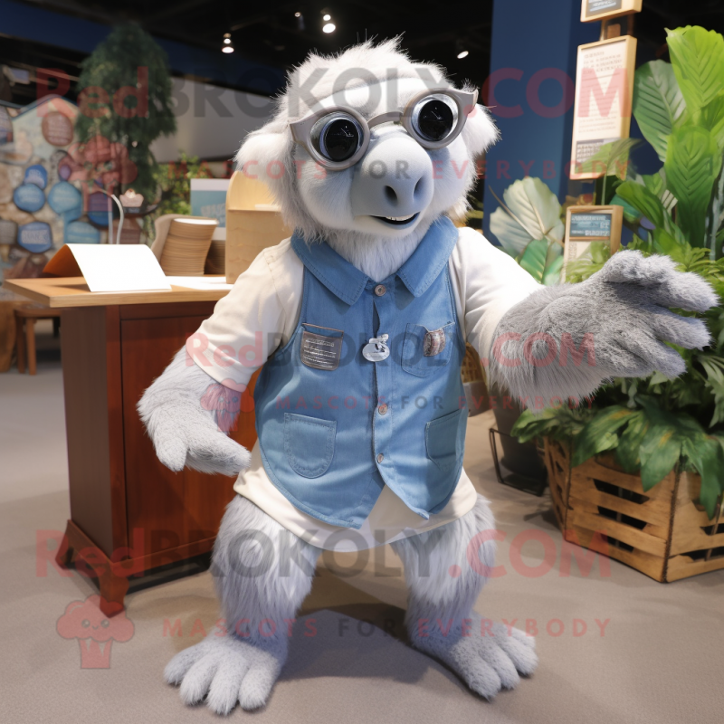 Silver giant sloth mascot costume character dressed with Chambray Shirt and Reading glasses Silver giant sloth mascot costume character dressed with Chambray Shirt and Reading glasses
