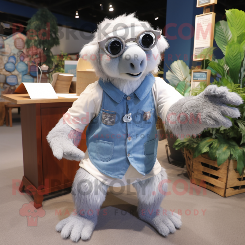 Silver giant sloth mascot costume character dressed with Chambray Shirt and Reading glasses