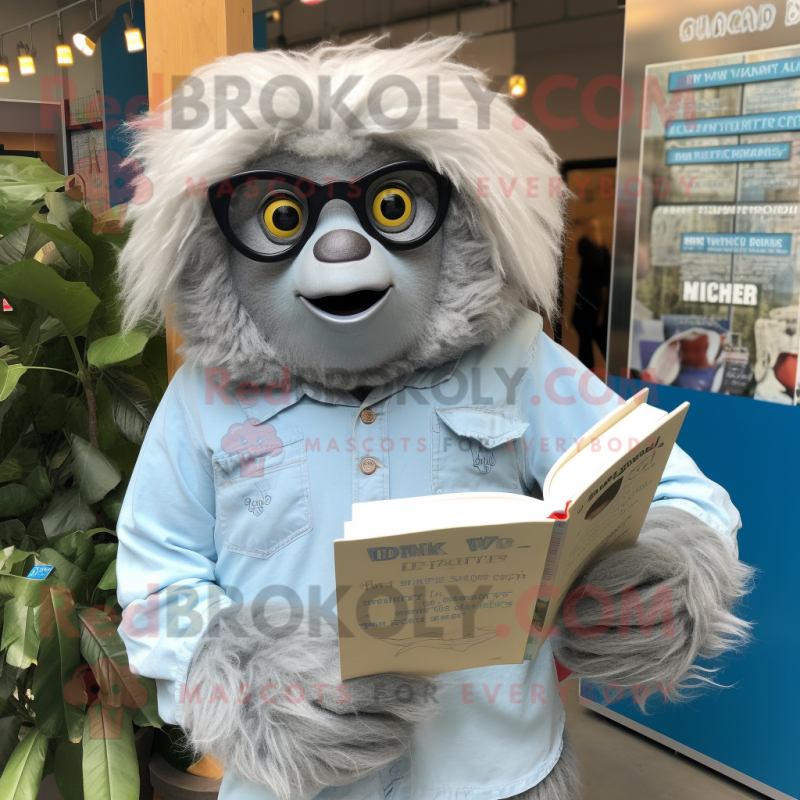 Silver giant sloth mascot costume character dressed with Chambray Shirt and Reading glasses