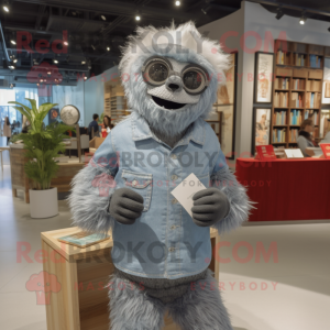 Silver giant sloth mascot costume character dressed with Chambray Shirt and Reading glasses