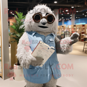 Silver giant sloth mascot costume character dressed with Chambray Shirt and Reading glasses