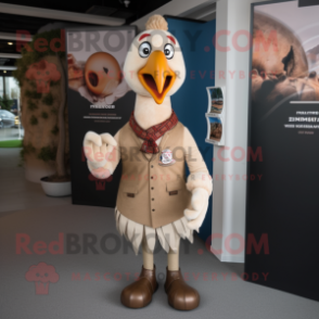 Beige Turkey mascot costume character dressed with Vest and Lapel pins