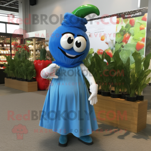 Blue Pepper mascot costume character dressed with Wrap Dress and Headbands