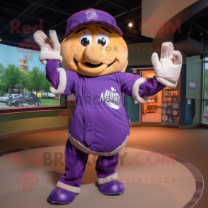Purple Baseball glove mascot costume character dressed with Mini Dress and Caps