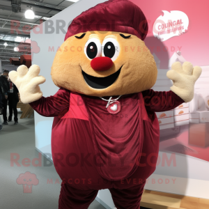 Maroon Croissant mascot costume character dressed with Waistcoat and Mittens