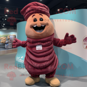 Maroon Croissant mascot costume character dressed with Waistcoat and Mittens