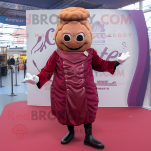 Maroon Croissant mascot costume character dressed with Waistcoat and Mittens