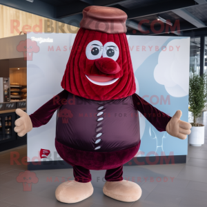 Maroon Croissant mascot costume character dressed with Waistcoat and Mittens