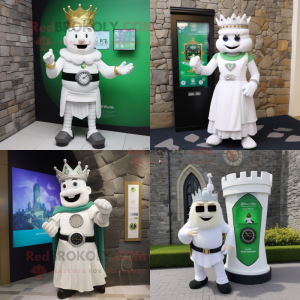 Personaggio in costume della mascotte del castello irlandese bianco vestito con tubino e orologi digitali