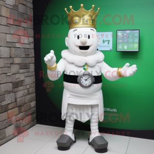Personaggio in costume della mascotte del castello irlandese bianco vestito con tubino e orologi digitali