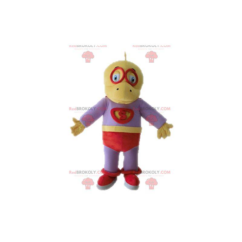 Mascota dinosaurio amarillo y morado vestida de superhéroe - Mascota dinosaurio amarillo y morado vestida de superhéroe -