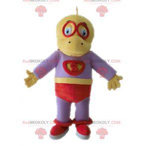 Yellow and purple dinosaur mascot dressed as a superhero -