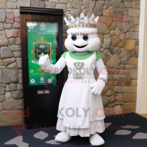 Personaje de traje de mascota de castillo irlandés blanco vestido con vestido de vaina y relojes digitales