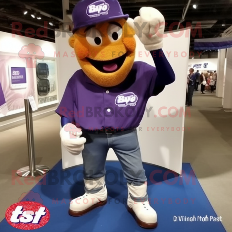 Purple Baseball glove mascot costume character dressed with Bootcut Jeans and Cufflinks