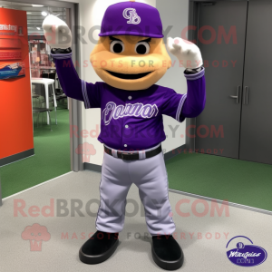 Purple Baseball glove mascot costume character dressed with Bootcut Jeans and Cufflinks