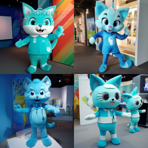 Cyan Cat mascot costume character dressed with Playsuit and Cummerbunds