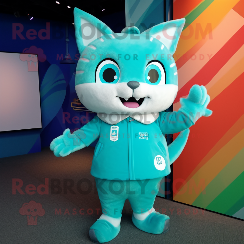 Cyan Cat mascot costume character dressed with Playsuit and Cummerbunds