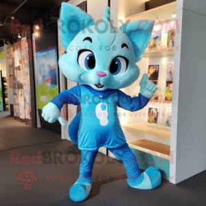 Cyan Cat mascot costume character dressed with Playsuit and Cummerbunds