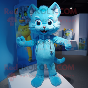 Cyan Cat mascot costume character dressed with Playsuit and Cummerbunds