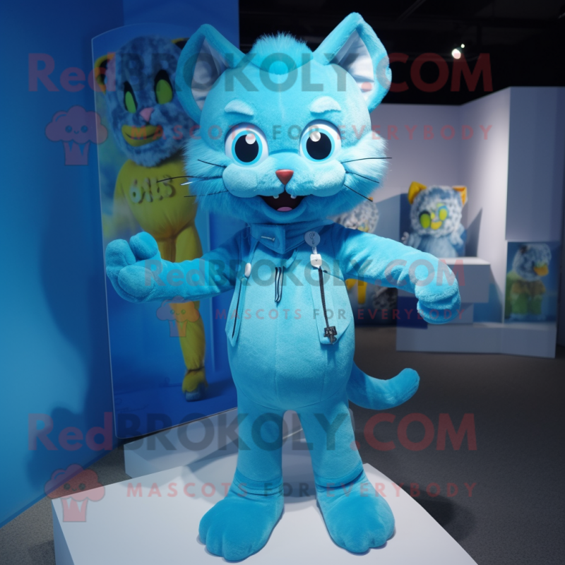 Cyan Cat mascot costume character dressed with Playsuit and Cummerbunds Cyan Cat mascot costume character dressed with Playsuit and Cummerbunds
