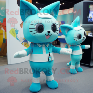Cyan Cat Maskottchen Kostümfigur bekleidet mit Playsuit und Kummerbunds
