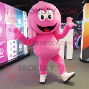 Personnage de costume de mascotte Pink Momentum habillé avec des leggings et des pochettes