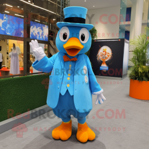 Sky Blue Mandarin mascot costume character dressed with Waistcoat and Gloves