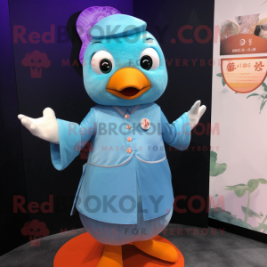 Personaje de traje de mascota Sky Blue Mandarin vestido con chaleco y guantes