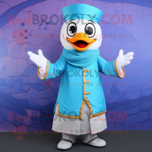 Sky Blue Mandarin mascot costume character dressed with Waistcoat and Gloves