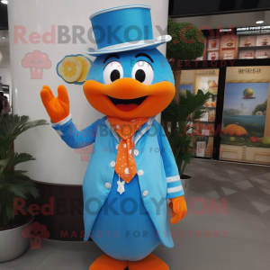 Sky Blue Mandarin mascot costume character dressed with Waistcoat and Gloves