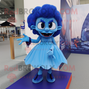 Blue Vampire mascot costume character dressed with Mini Dress and Foot pads