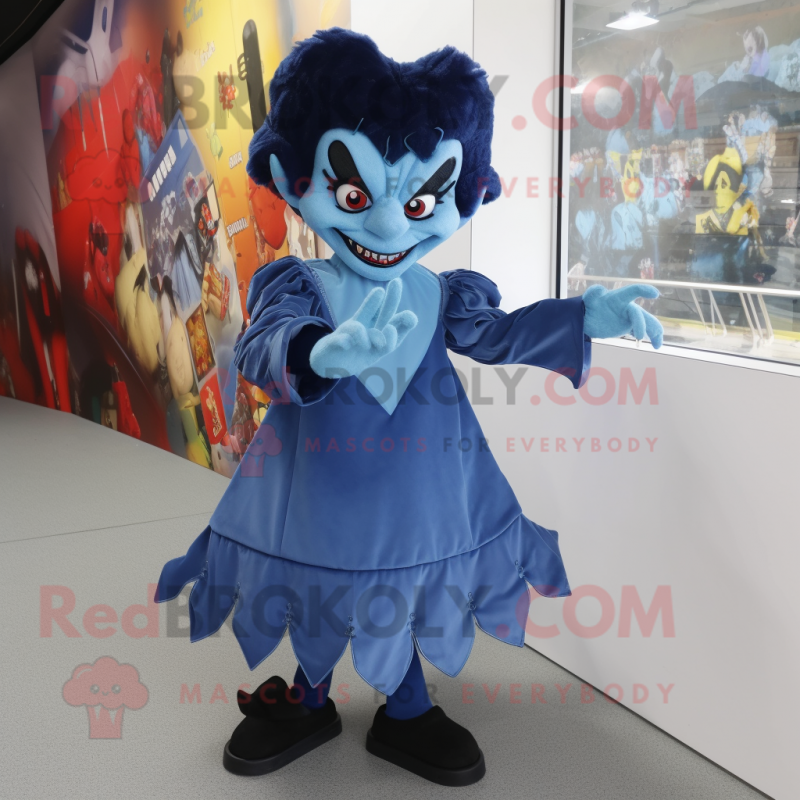 Blue Vampire mascot costume character dressed with Mini Dress and Foot pads